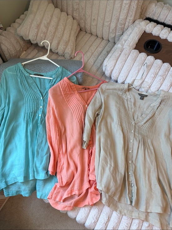 Tommy Bahama Tops - 3 Tommy Bahama Linen Button Down Blouses with Ruffle Detail Aqua Coral and Tan